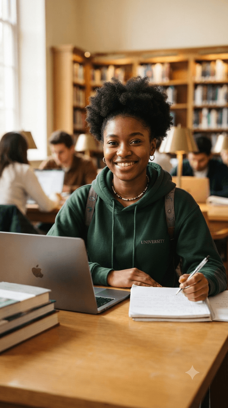 Jeune etudiante en bibliotheque