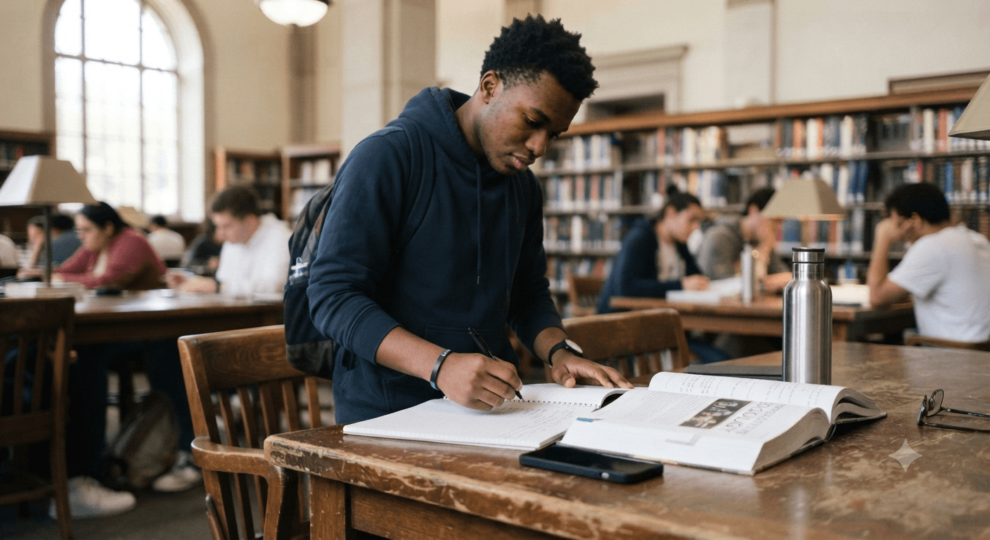 Jeune etudiant en bibliotheque